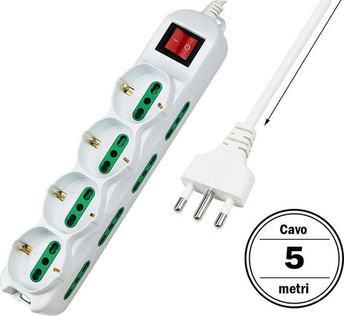 Multipresa-Ciabatta-Elettrica-Cavo-5M-Con-12-Posti-4-Prese-Schuko-10/16A-+-8-Prese-Bipasso-2P+T-10/16A-Interruttore-Extrastar