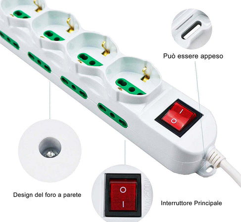Multipresa-Ciabatta-Elettrica-Cavo-5M-Con-12-Posti-4-Prese-Schuko-10/16A-+-8-Prese-Bipasso-2P+T-10/16A-Interruttore-Extrastar