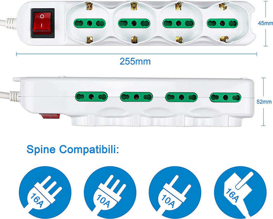 Multipresa-Ciabatta-Elettrica-Cavo-5M-Con-12-Posti-4-Prese-Schuko-10/16A-+-8-Prese-Bipasso-2P+T-10/16A-Interruttore-Extrastar