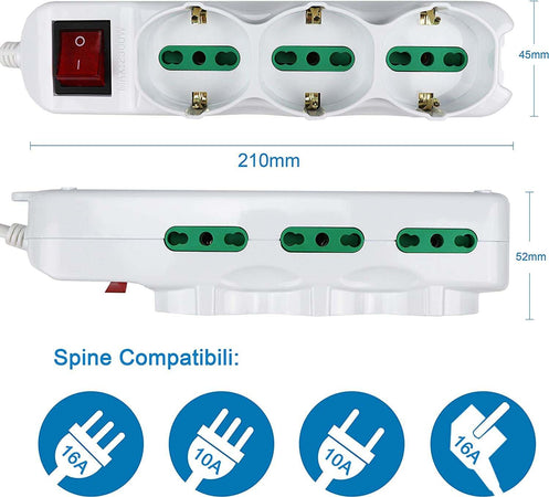 Multipresa-Ciabatta-Elettrica-Cavo-5M-Con-9-Posti-3-Prese-Schuko-10/16A-+-6-Prese-Bipasso-2P+T-10/16A-Interruttore-Extrastar