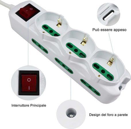 Multipresa-Ciabatta-Elettrica-Cavo-5M-Con-9-Posti-3-Prese-Schuko-10/16A-+-6-Prese-Bipasso-2P+T-10/16A-Interruttore-Extrastar