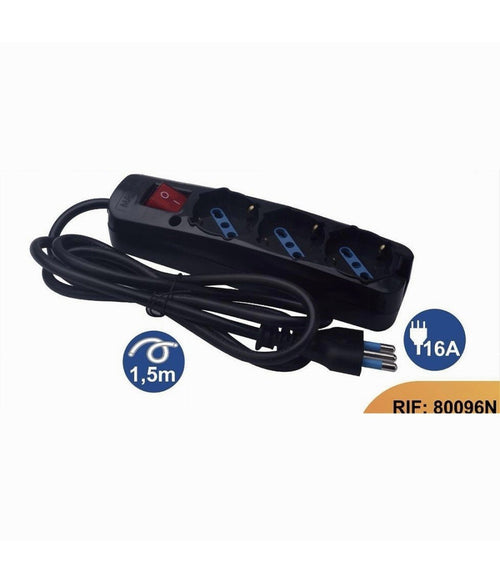 Multipresa Nera Cavo 1,5mt Spina 16a + 3 Uscite Schuko Protezione Bambini 80096n