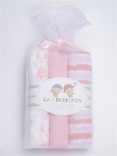 Set da 3 Mussole Rosa 80x80 in cotone 100%