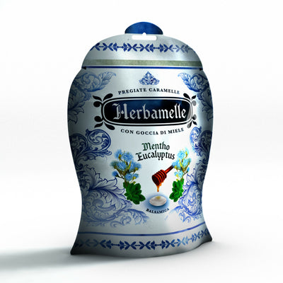 Caramelle Herbamelle pregiate. Caramelle Mentho Eucalyptus con goccia di miele per il benessere delle vie respiratorie. confezione di 75g con 18 o 19 caramelle dentro
