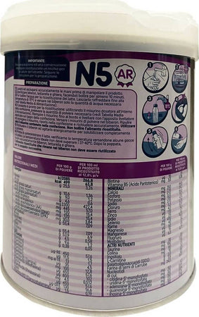 N5 ar latte in polvere, anti reflusso, consigliato dal medico pediatra per il regime alimentare di lattanti da 0 a 12 mesi, in caso di accertata patologia del giunto gastro-esofageo Prima infanzia/Allattamento e pappa/Svezzamento e pappine/Latte artificiale/Latte in polvere per bambini Sanitaria Gioia del Bimbo - Villa San Giovanni, Commerciovirtuoso.it