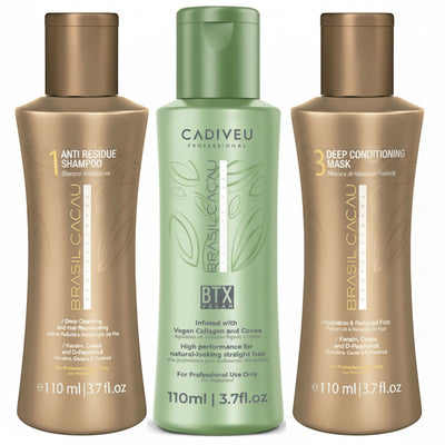 Cadiveu brasil cacau BTX vegan kit composto da: anti rersidue shampoo 110 ml, btx vegan 110 ml e deep conditioning mask 110 ml