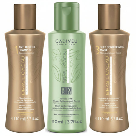 Cadiveu brasil cacau BTX vegan kit composto da: anti rersidue shampoo 110 ml, btx vegan 110 ml e deep conditioning mask 110 ml