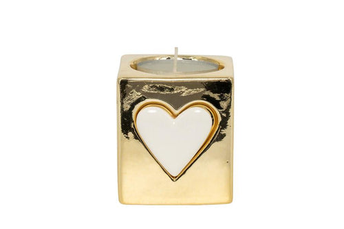 Portacandela dorato Harmony con cuore bianco e candela inclusa, bomboniera in porcellana con scatolo