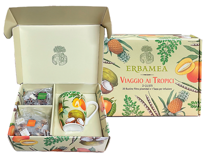 ERBAMEA - Viaggio ai tropici - 20 bustine filtro piramidali, 10 per gusto + 1 tazza per preparare l’infuso: Sogno di mango, Abbraccio esotico