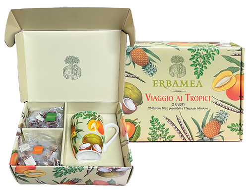 ERBAMEA - Viaggio ai tropici - 20 bustine filtro piramidali, 10 per gusto + 1 tazza per preparare l’infuso: Sogno di mango, Abbraccio esotico