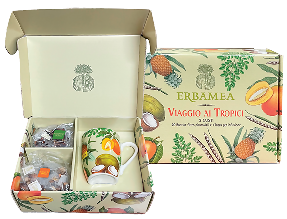 ERBAMEA - Viaggio ai tropici - 20 bustine filtro piramidali, 10 per gusto + 1 tazza per preparare l’infuso: Sogno di mango, Abbraccio esotico