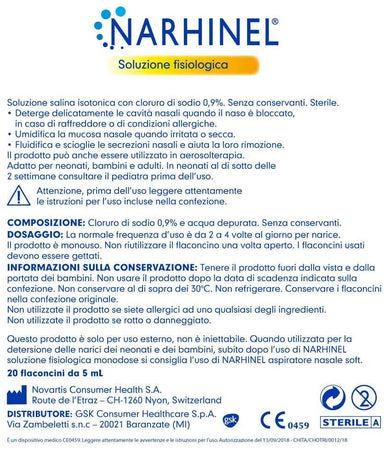 Narhinel Soluzione Fisiologica - Pacco Da 20 Flaconcini Monodose Da 5 Ml - Soluzione Salina Isotonica