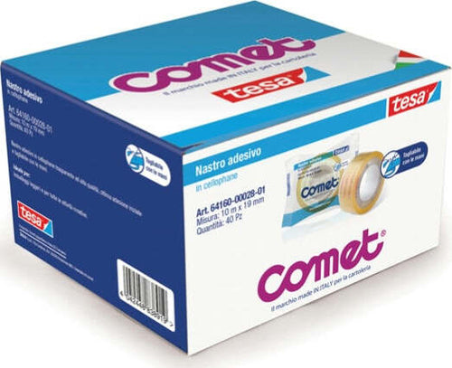 Nastro adesivo - 10 mt x 19 mm - cellophane - trasparente - Comet [multipack] 40 pezzi Cancelleria e prodotti per ufficio/Archivio ufficio e accessori per scrivania/Nastri colle elastici e graffette/Adesivi e colle/Colle Eurocartuccia - Pavullo, Commerciovirtuoso.it