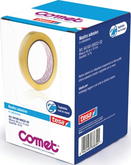 Nastro adesivo - 66 mt x 15 mm - cellophane - trasparente - Comet [multipack] 10 pezzi Cancelleria e prodotti per ufficio/Archivio ufficio e accessori per scrivania/Nastri colle elastici e graffette/Adesivi e colle/Colle Eurocartuccia - Pavullo, Commerciovirtuoso.it