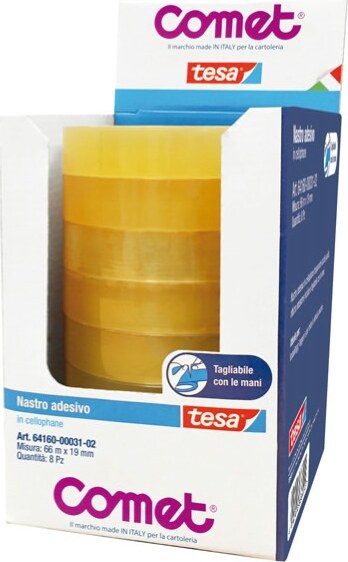 Nastro adesivo - 66 mt x 19 mm - cellophane - trasparente - Comet [multipack] 8 pezzi Cancelleria e prodotti per ufficio/Archivio ufficio e accessori per scrivania/Nastri colle elastici e graffette/Adesivi e colle/Colle Eurocartuccia - Pavullo, Commerciovirtuoso.it