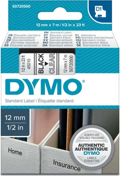 Nastro D1 450100 - 12 mm x 7 mt - nero-trasparente - Dymo Cancelleria e prodotti per ufficio/Elettronica per ufficio/Accessori/Accessori per etichettatrici Eurocartuccia - Pavullo, Commerciovirtuoso.it