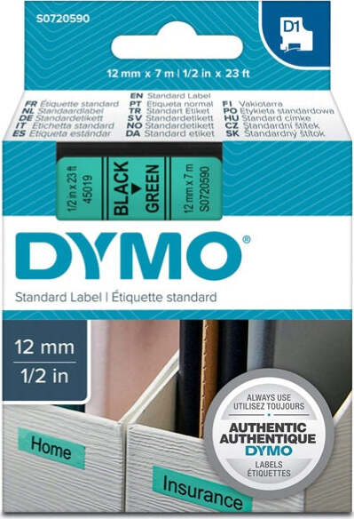 Nastro D1 450190 - 12 mm x 7 mt - nero-verde - Dymo Cancelleria e prodotti per ufficio/Elettronica per ufficio/Accessori/Accessori per etichettatrici Eurocartuccia - Pavullo, Commerciovirtuoso.it