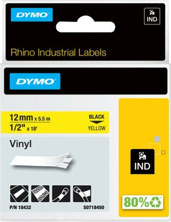 Nastro Rhino 18432 - 12 mm x 5 5 mt - vinile - nero-giallo - Dymo Cancelleria e prodotti per ufficio/Elettronica per ufficio/Accessori/Accessori per etichettatrici Eurocartuccia - Pavullo, Commerciovirtuoso.it