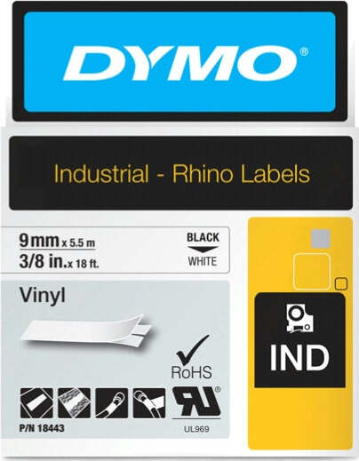 Nastro Rhino 18443 - 9 mm x 5 5 mt - vinile - nero-bianco - Dymo Cancelleria e prodotti per ufficio/Elettronica per ufficio/Accessori/Accessori per etichettatrici Eurocartuccia - Pavullo, Commerciovirtuoso.it