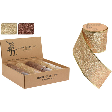 Set 4 Nastro in tessuto natalizio per decorazioni Marrone e Oro Brillantinato 270 cm