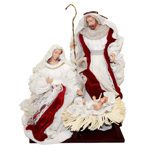 Natività con vestiti in tessuto Beige e Rosso statue per presepe h 35 cm