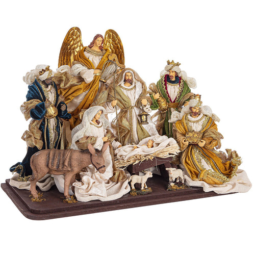 Natività con 3 Re magi, Angelo e Asino con vestiti in tessuto statue per presepe