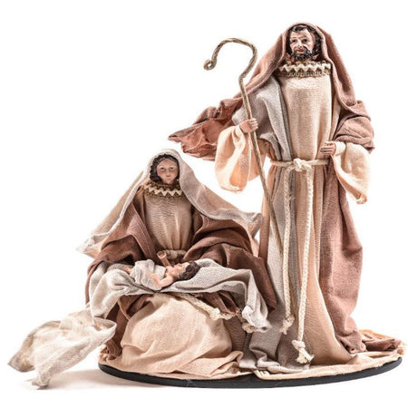 Natività natalizia in resina e legno con finiture in tessuto per presepe