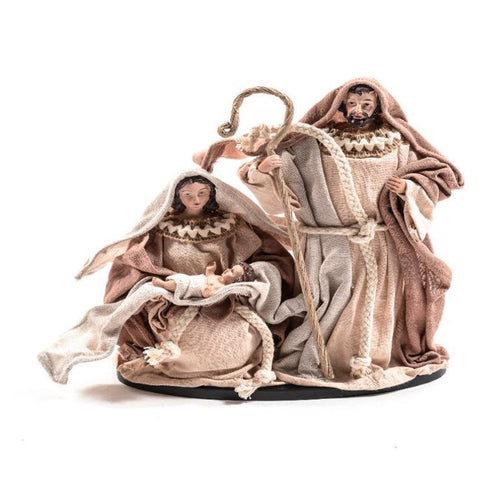 Natività natalizia in resina e legno con finiture in tessuto per presepe
