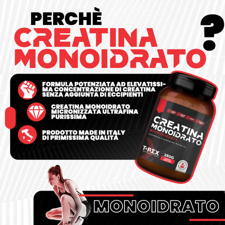 T-rex integratori creatina monoidrato micronizzata - integratore alimentare per massa muscolare e boost energetico pre workout (gusto neutro, 250g)