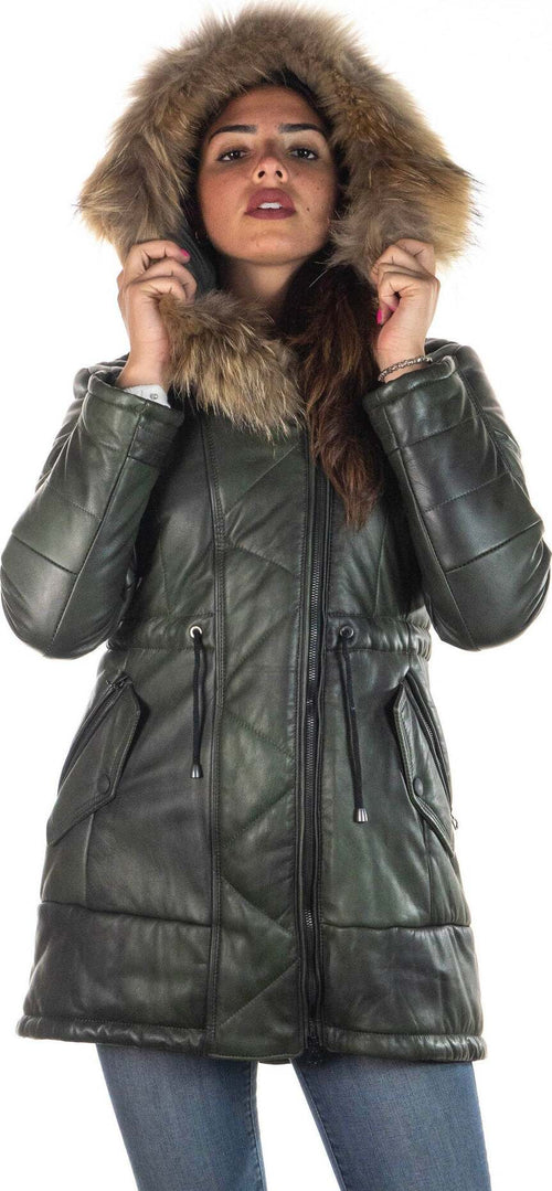 Nebraska---Piumino-Donna-Verde-in-vera-pelle