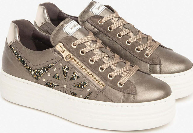 Nero-Giardini-sneakers-donna-in-pelle-e-materiale-brown-I411611D322