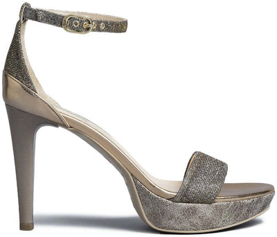 Nerogiardini Sandali Donna In Pelle Laminata E Tacco 10 Cm Sandali Estivi Fashion Inserti In Tessuto Tecnico Glitter Con Fascia E Cinturino Alla Caviglia Con Fibbia