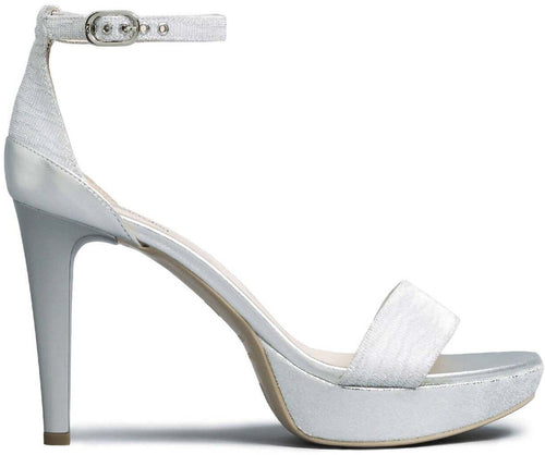 Nerogiardini Sandali Donna In Pelle Laminata E Tacco 10 Cm Sandali Estivi Fashion Inserti In Tessuto Tecnico Glitter Con Fascia E Cinturino Alla Caviglia Con Fibbia