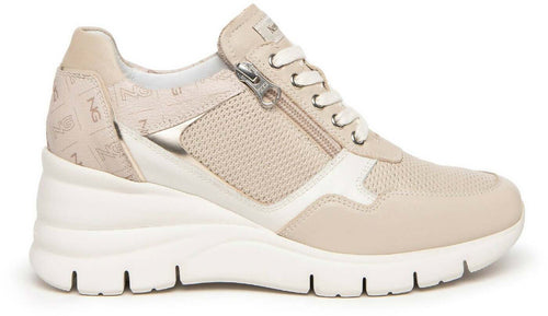 Nerogiardini Scarpe Donna Sneakers Casual Chiare in Pelle Con Suola Zeppa 6 Cm