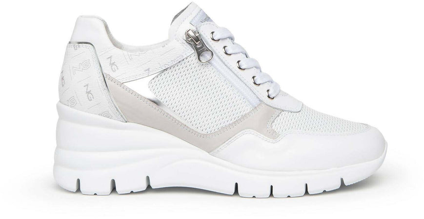 Nerogiardini Scarpe Donna Sneakers Casual Chiare in Pelle Con Suola Zeppa 6 Cm