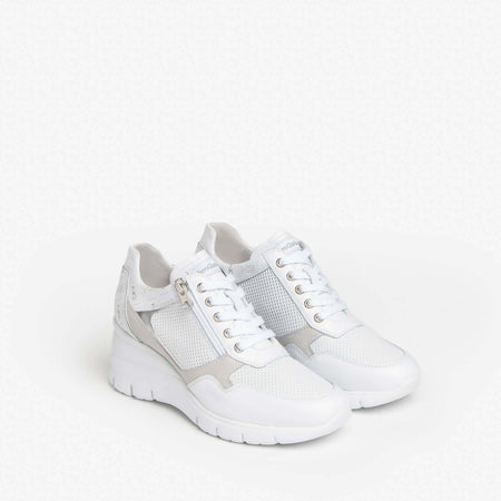 Nerogiardini Scarpe Donna Sneakers Casual Chiare in Pelle Con Suola Zeppa 6 Cm
