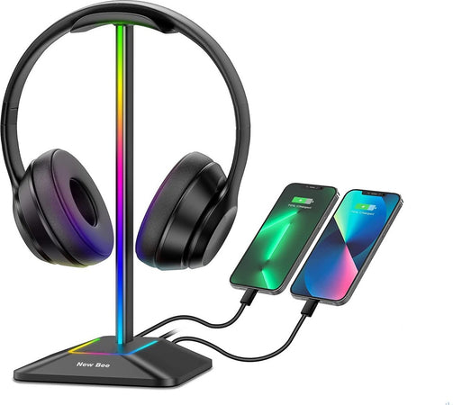New Bee Supporto Porta Cuffie da Gioco RGB con Caricabatterie USB di Tipo C e Trasferimento Dati Universale da Scrivania per Tutte le Cuffie (Nero)
