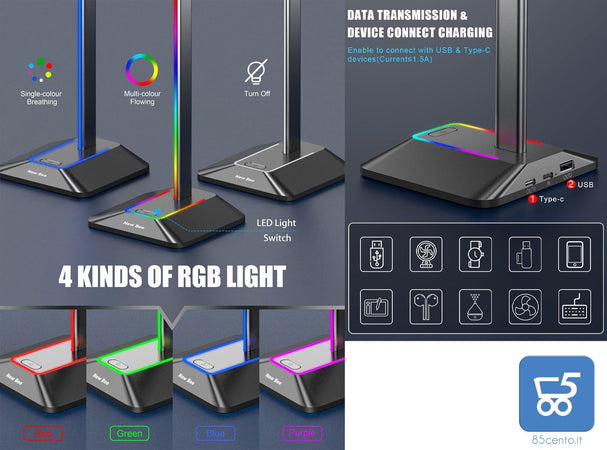 New Bee Supporto Porta Cuffie da Gioco RGB con Caricabatterie USB di Tipo C e Trasferimento Dati Universale da Scrivania per Tutte le Cuffie (Nero)