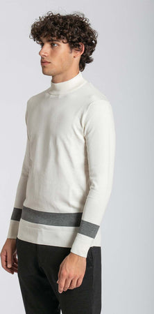 Notting-Hill-Maglione-Uomo-Collo-Alto-Bianco-Con-Riga-Grigia-Fondo-E-Maniche-A-Coste