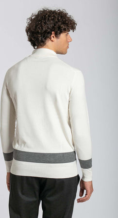 Notting-Hill-Maglione-Uomo-Collo-Alto-Bianco-Con-Riga-Grigia-Fondo-E-Maniche-A-Coste