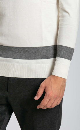 Notting-Hill-Maglione-Uomo-Collo-Alto-Bianco-Con-Riga-Grigia-Fondo-E-Maniche-A-Coste