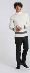 Notting-Hill-Maglione-Uomo-Collo-Alto-Bianco-Con-Riga-Grigia-Fondo-E-Maniche-A-Coste