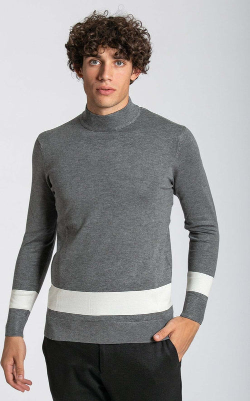 Notting-Hill-Maglione-Uomo-Collo-Alto-Grigio-Con-Riga-Bianca-Fondo-E-Maniche-A-Coste