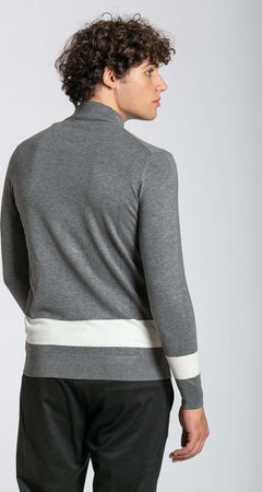 Notting-Hill-Maglione-Uomo-Collo-Alto-Grigio-Con-Riga-Bianca-Fondo-E-Maniche-A-Coste