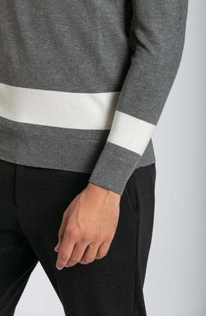 Notting-Hill-Maglione-Uomo-Collo-Alto-Grigio-Con-Riga-Bianca-Fondo-E-Maniche-A-Coste