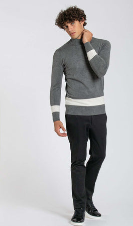 Notting-Hill-Maglione-Uomo-Collo-Alto-Grigio-Con-Riga-Bianca-Fondo-E-Maniche-A-Coste