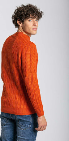Notting-Hill-Maglione-Uomo-Girocollo-Arancione-Con-Trecce-Tinta-Unita-Fondo-E-Maniche-A-Coste