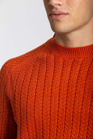 Notting-Hill-Maglione-Uomo-Girocollo-Arancione-Con-Trecce-Tinta-Unita-Fondo-E-Maniche-A-Coste