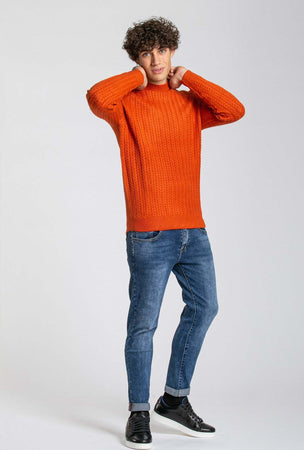 Notting-Hill-Maglione-Uomo-Girocollo-Arancione-Con-Trecce-Tinta-Unita-Fondo-E-Maniche-A-Coste