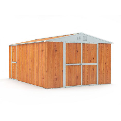 Box deposito attrezzi utensili doppia porta capanno deposito in lamiera zincata 327x459cm x h 215cm - 201 kg - 15,01 mq LEGNO